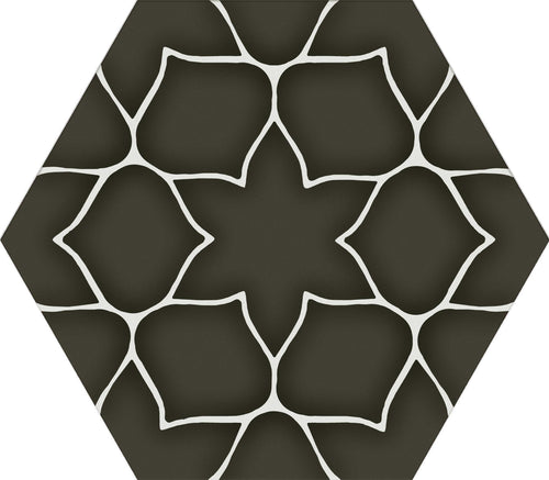 Carrelage hexagonal à motif graphique Kerala Charcoal 28,5x33 cm