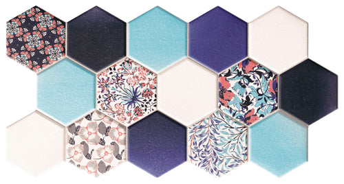 Carrelage hexagonal à motif décoratif Hex Nouveau Blue 26,5x51 cm