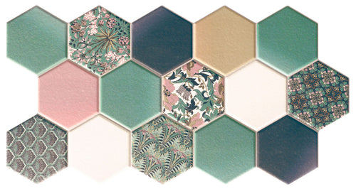 Carrelage hexagonal à motif décoratif Hex Nouveau Green 26,5x51 cm
