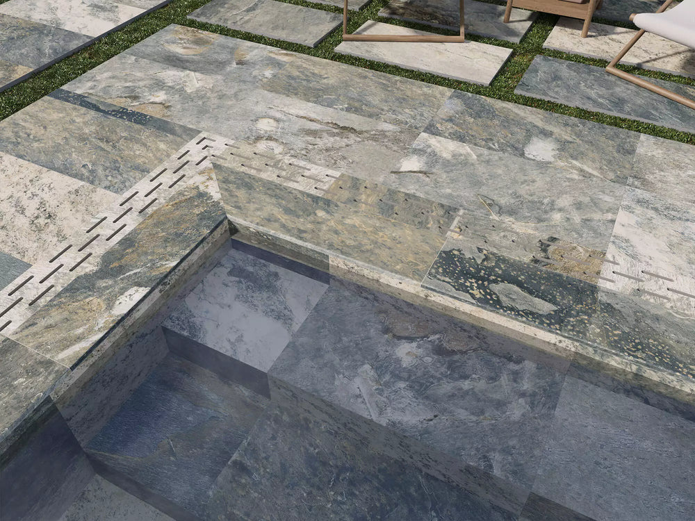 Carrelage piscine effet pierre Bali Green 29,5x60 cm