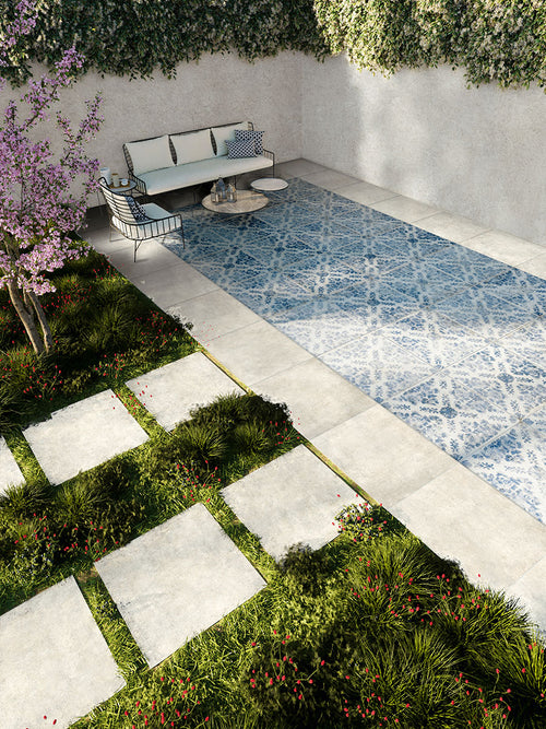 Terrasse en dalle Frühling Neutral 61x61 cm avec zone décorative