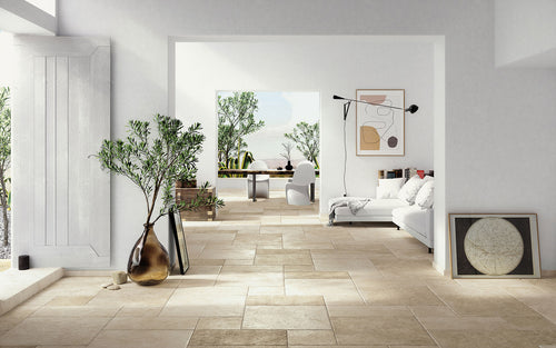 Carrelage extérieur effet pierre calcaire Pietre Leccese Almond antidérapant 20x40 cm