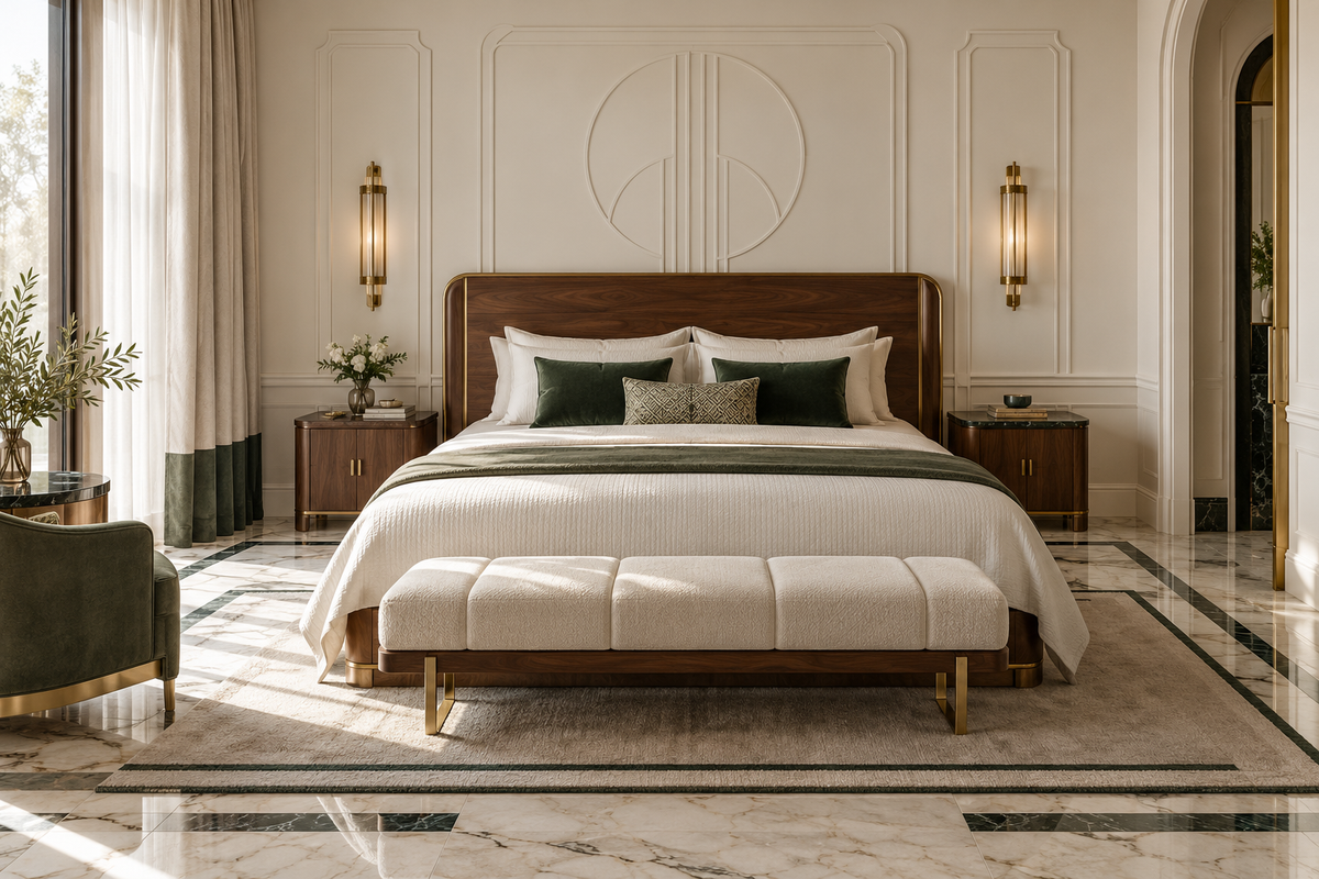 Chambre Art déco avec lignes symétriques, bois noyer et sol effet marbre