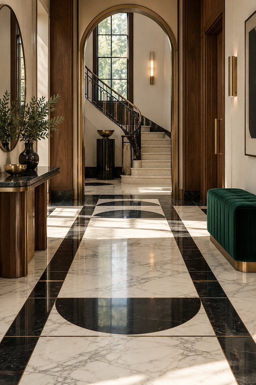 Contraste de marbre clair, carrelage noir et accent vert profond