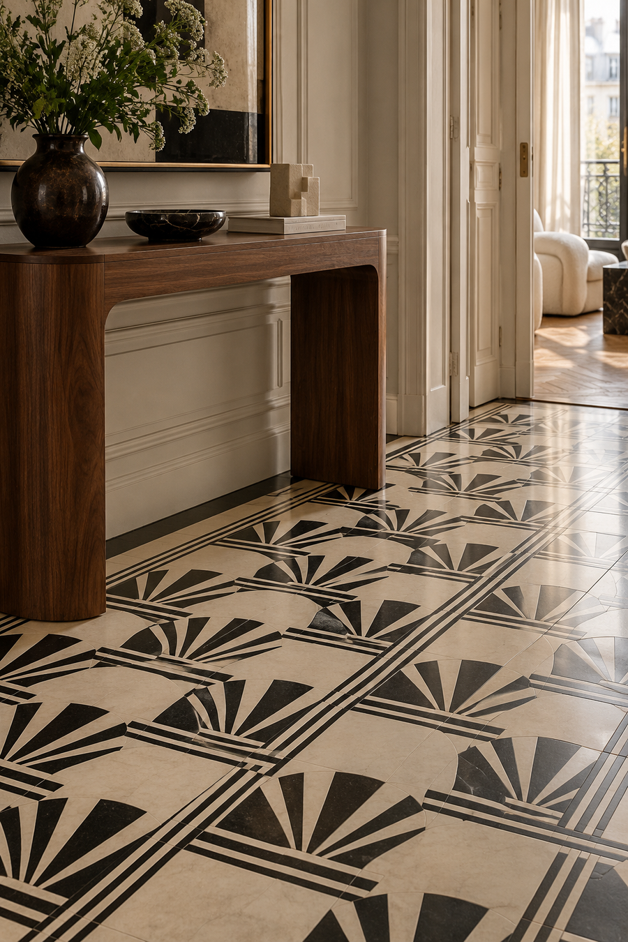 Carrelage géométrique noir et ivoire dans une entrée Art déco