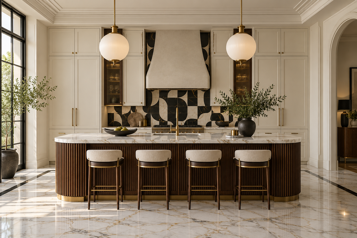 Cuisine Art déco avec marbre clair, bois cannelé et détails géométriques