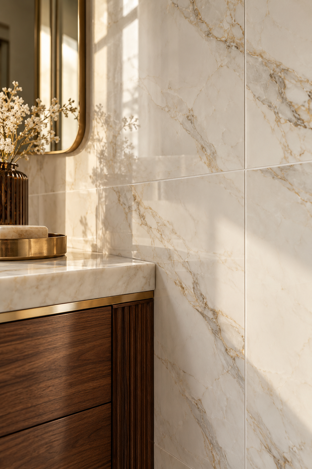 Carrelage effet marbre blanc veiné avec détail en bois foncé