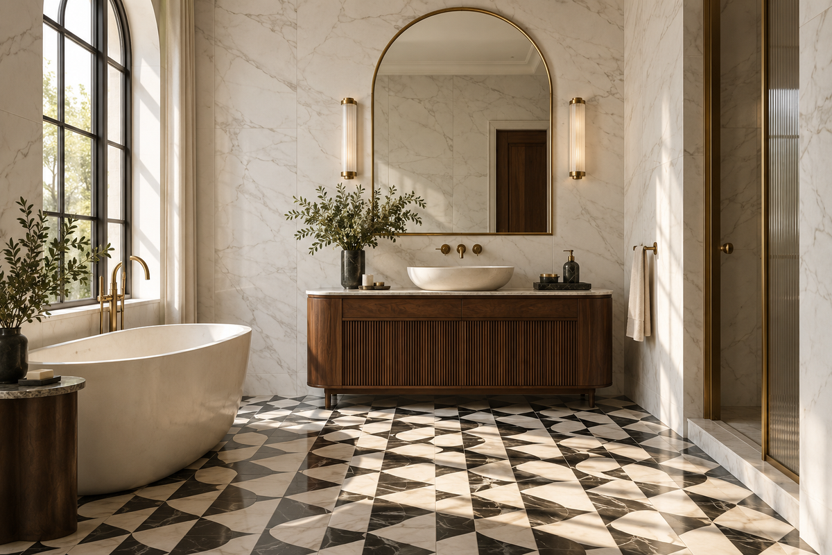 Salle de bains Art déco avec marbre veiné et sol géométrique noir et ivoire