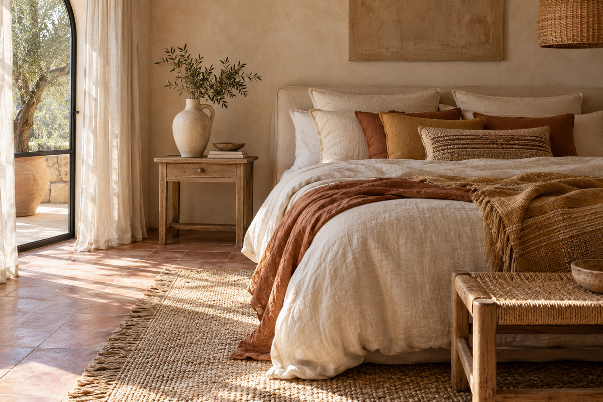 Chambre bohème chic avec matières naturelles et sol chaleureux