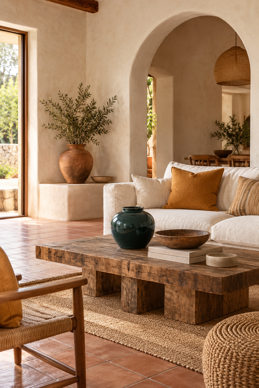 Palette terre cuite, sable et bleu dans un décor bohème chic