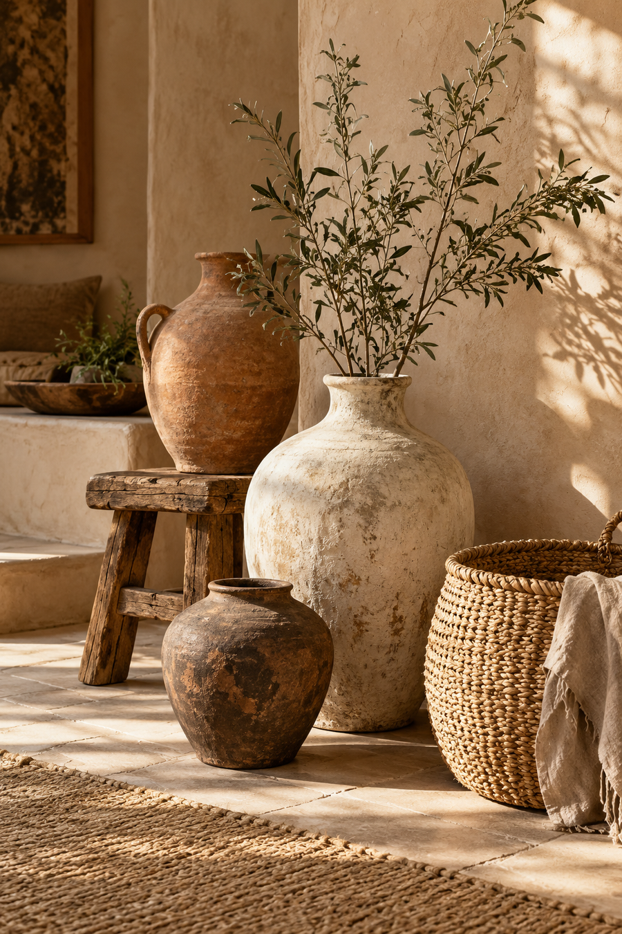 Objets en céramique et paniers dans un intérieur bohème chic
