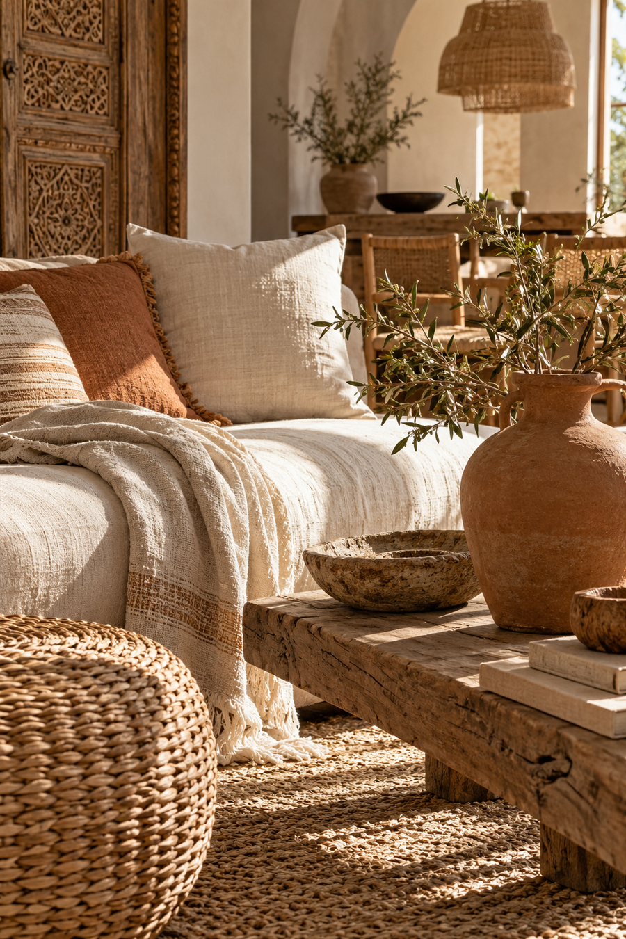 Textiles tissés et mobilier naturel dans un intérieur bohème chic