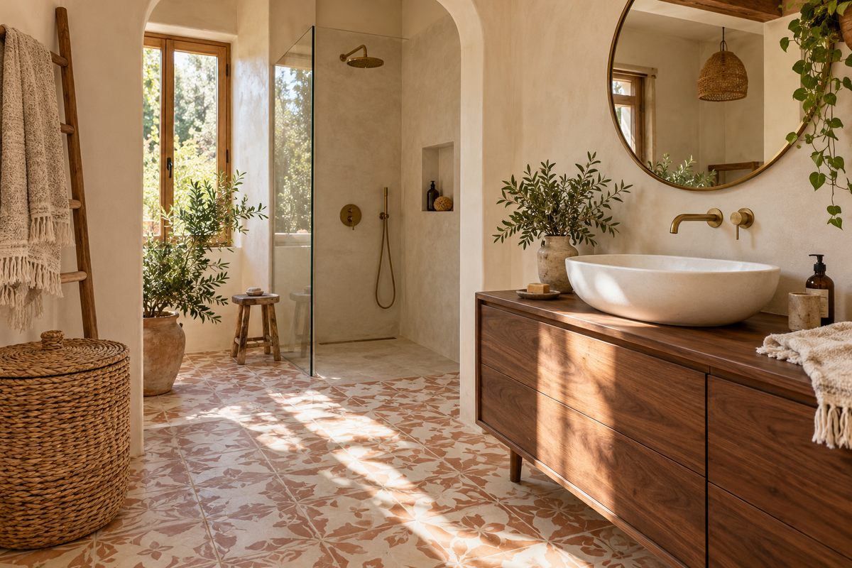 Salle de bains bohème chic avec carreaux décoratifs