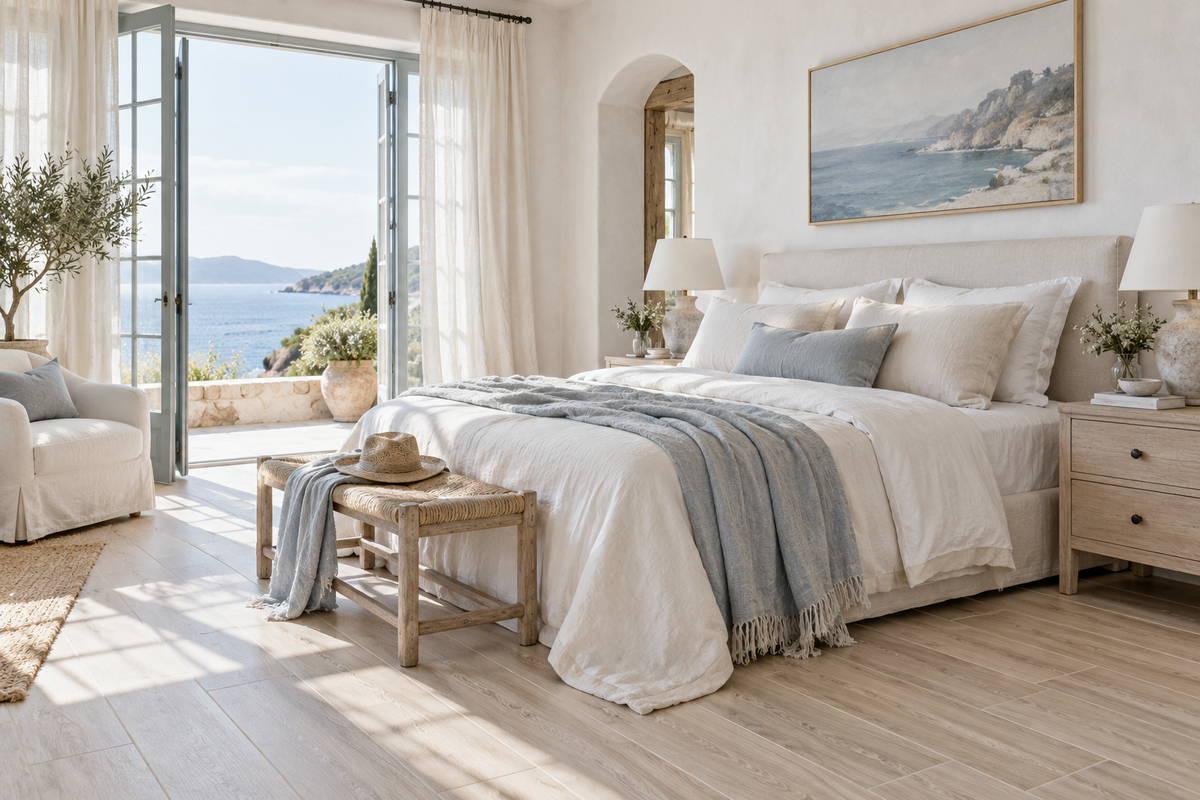 Chambre bord de mer avec sol effet bois blond et linge clair