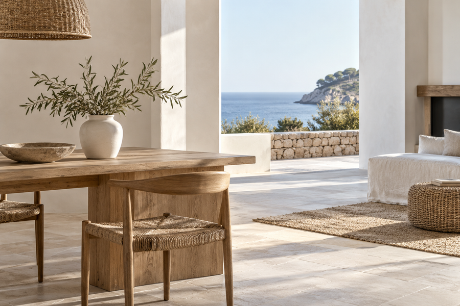 Lin, bois blond et céramique dans un décor bord de mer
