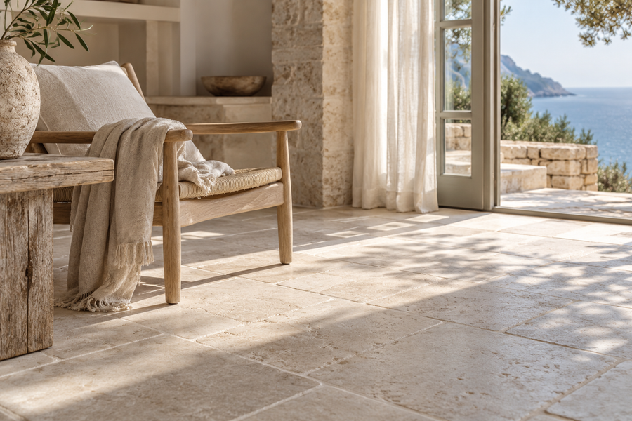 Sol minéral beige sable dans un intérieur bord de mer