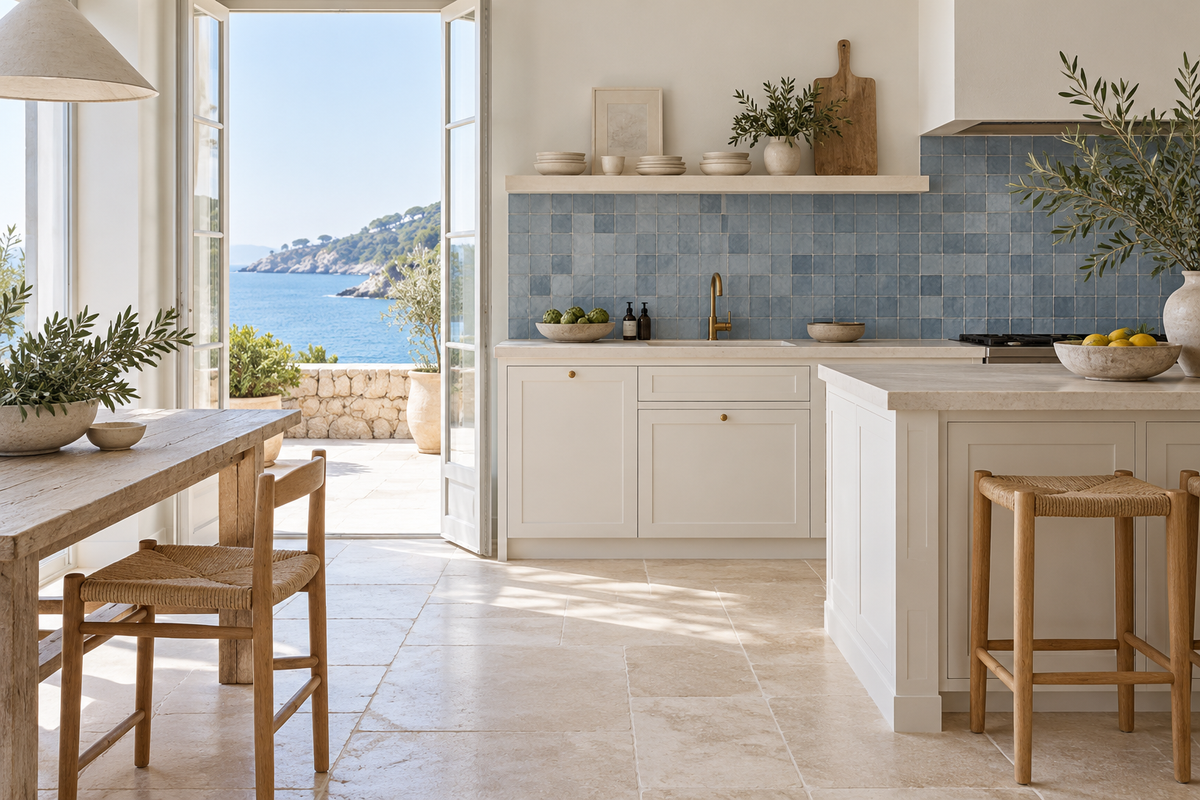 Cuisine bord de mer avec crédence bleue et bois clair