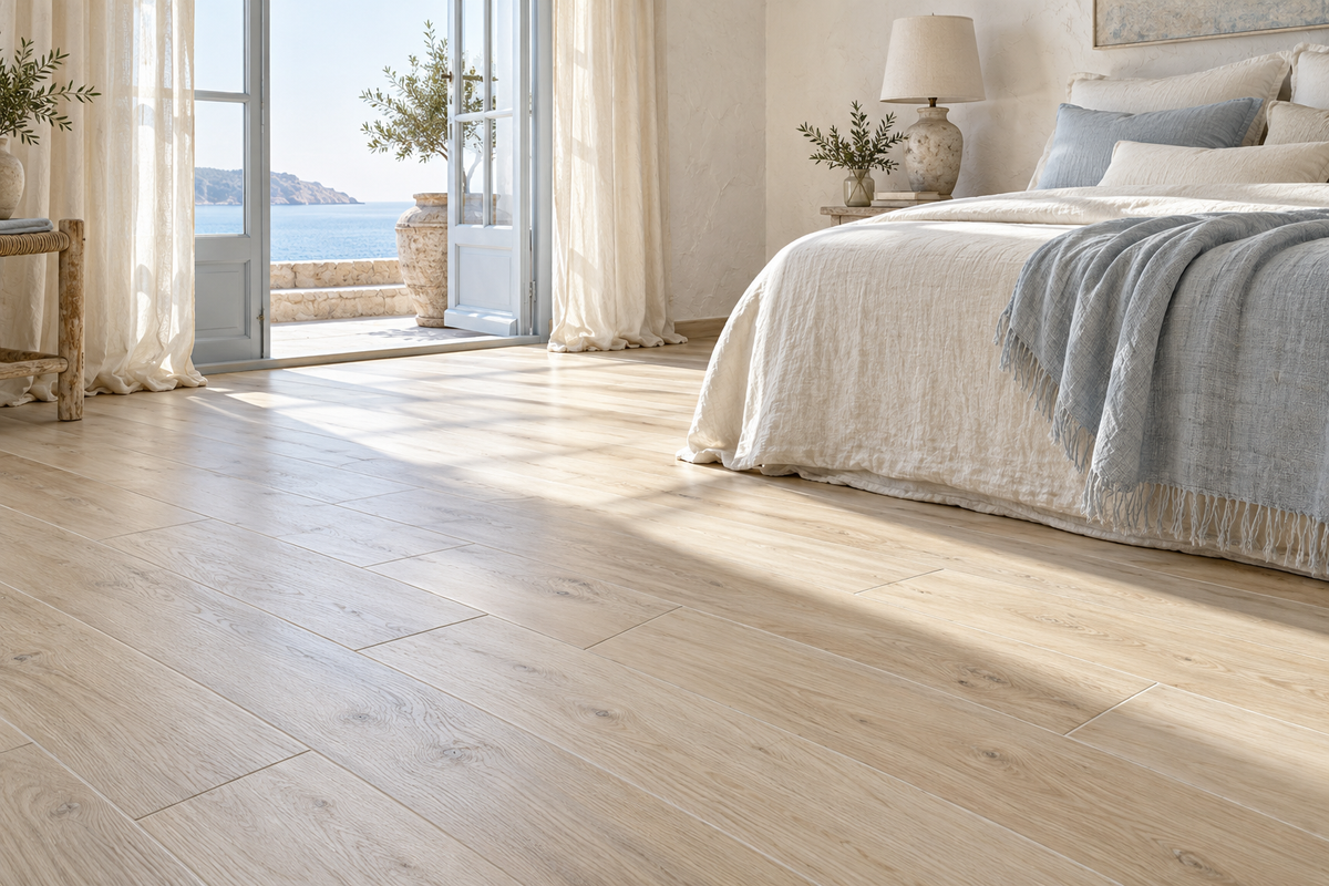 Sol effet bois blond dans une chambre bord de mer