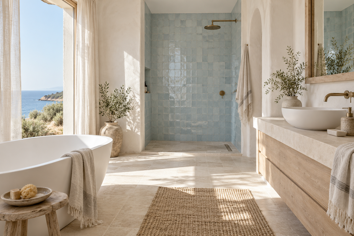 Salle de bains bord de mer avec faïence bleue et pierre claire