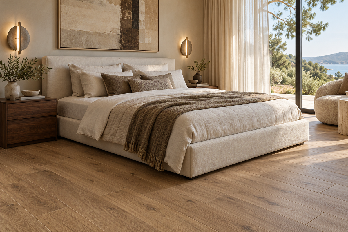 Chambre contemporaine avec sol effet bois et linge de lit clair