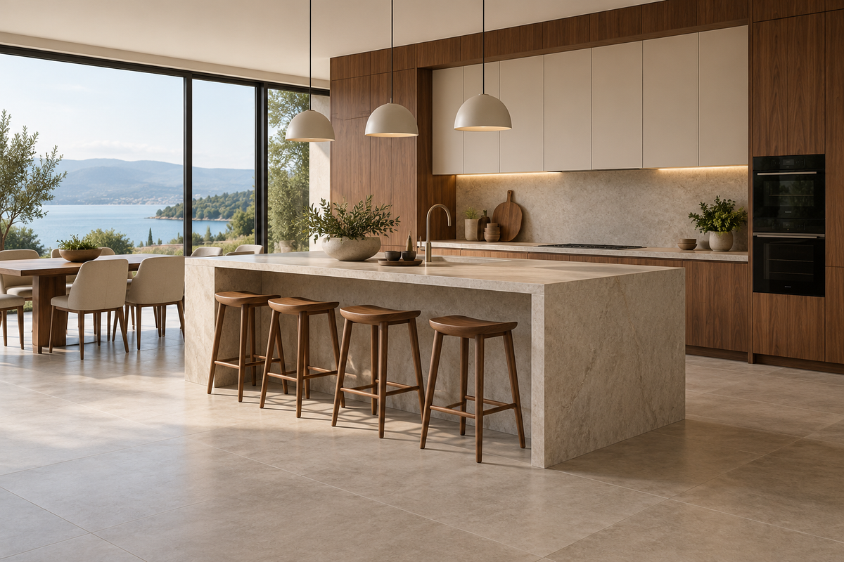 Cuisine contemporaine avec sol effet béton grège et façades en bois