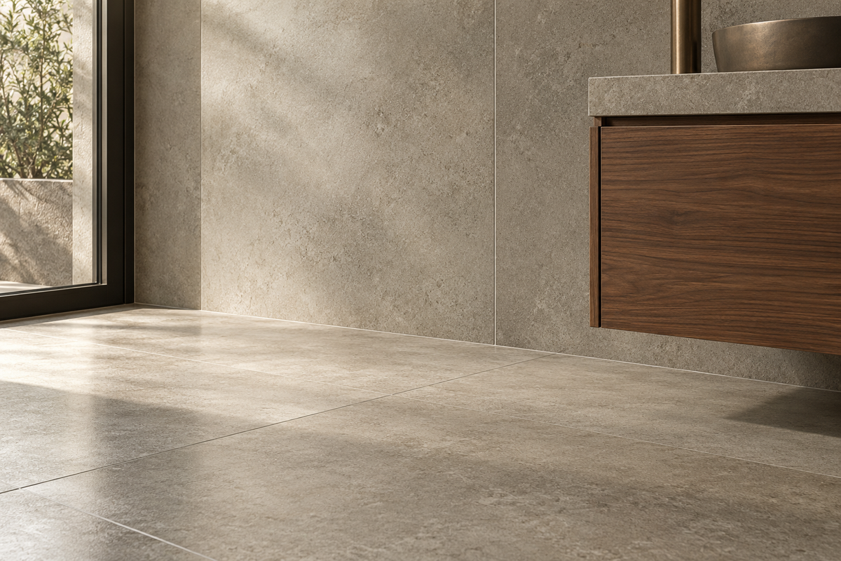 Carrelage effet béton grège dans une cuisine contemporaine