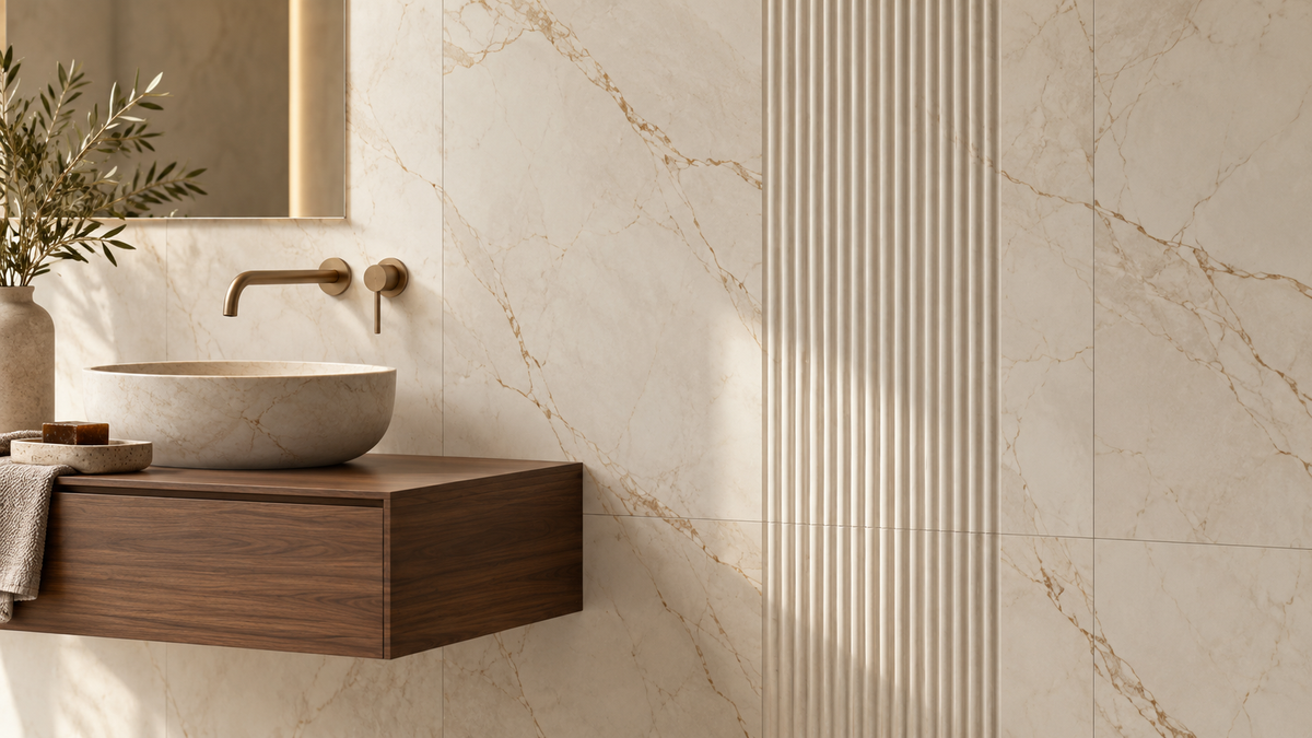 Mur en carrelage effet marbre crème dans une salle de bains contemporaine