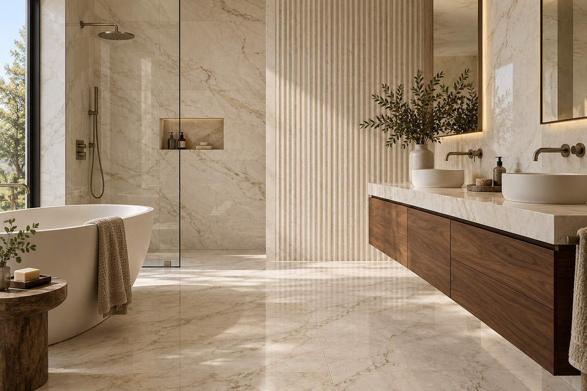 Salle de bains contemporaine avec carrelage effet marbre et mur en relief