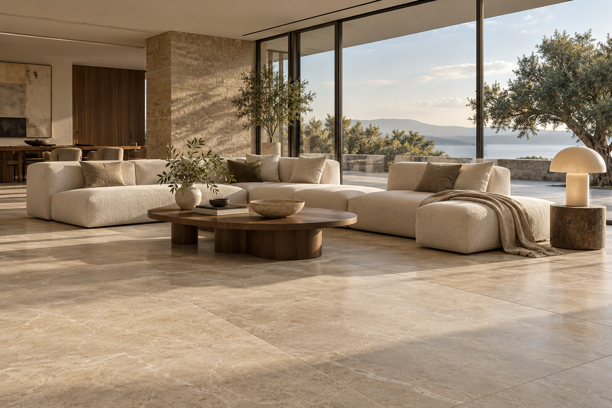 Salon contemporain avec grand carrelage effet pierre beige