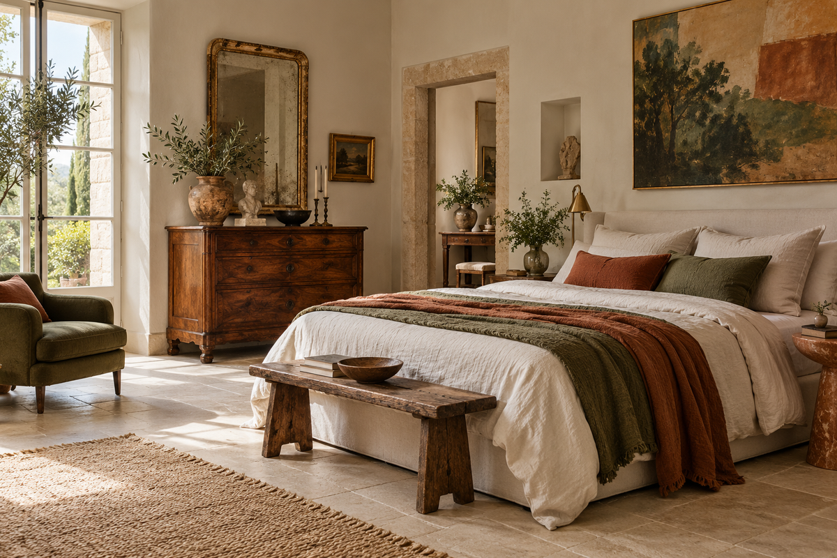 Chambre éclectique avec sol minéral et meuble vintage