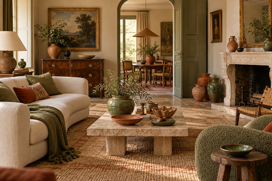 Rappels de vert et terracotta dans un intérieur éclectique