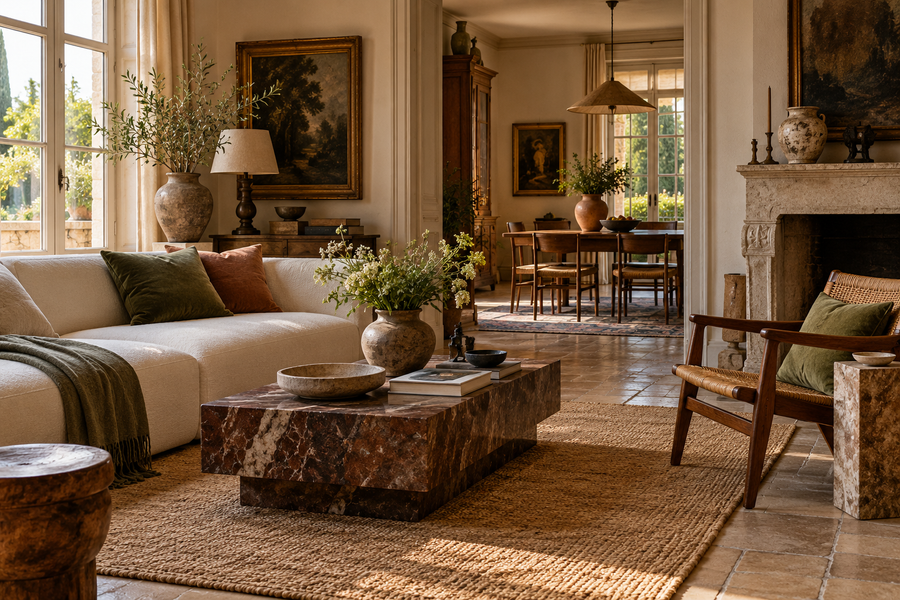 Mobilier contemporain et ancien dans un salon éclectique