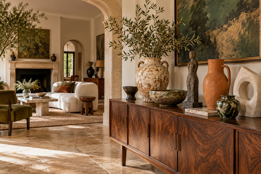 Objets de différentes époques dans un intérieur éclectique