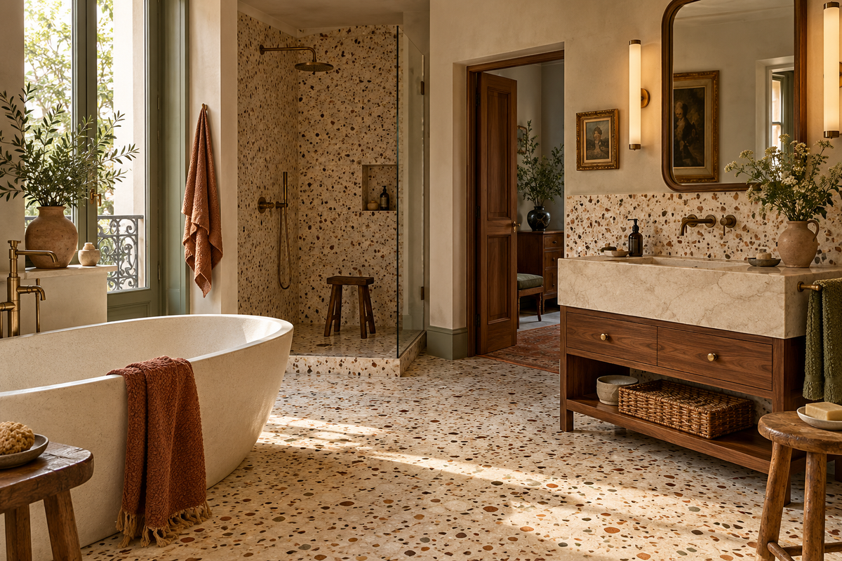 Sol effet terrazzo dans un intérieur éclectique