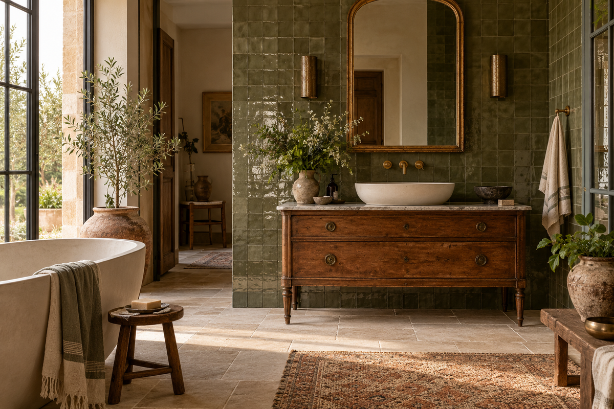 Salle de bains éclectique avec pierre et meuble ancien