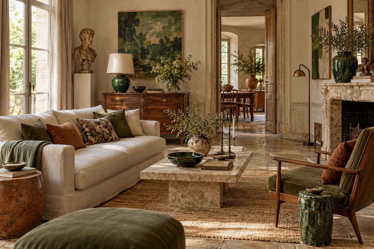 Salon éclectique avec pierre et mobilier de différentes époques