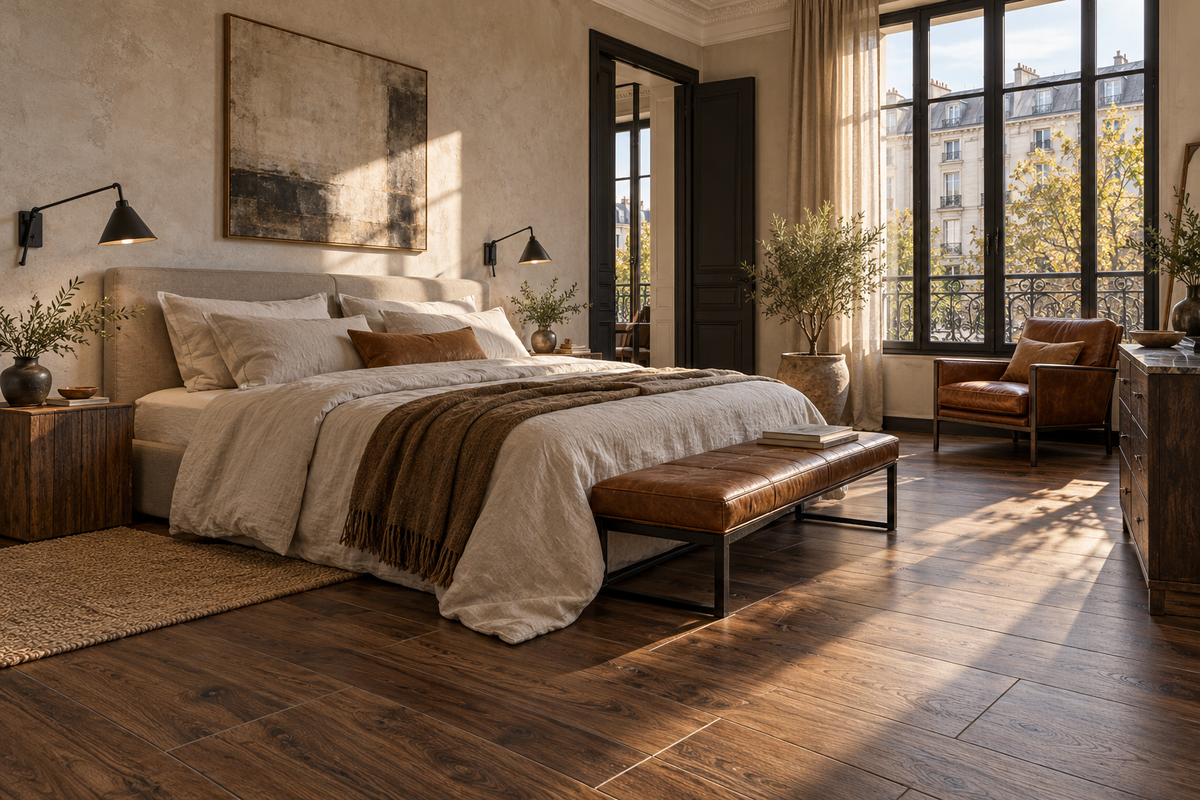 Chambre industrielle lumineuse avec sol effet bois brun et détails noirs