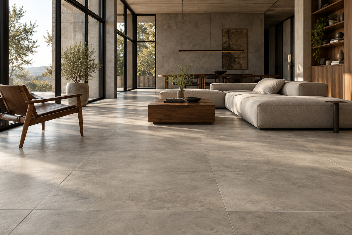 Sol en carrelage effet béton grège dans un salon industriel lumineux