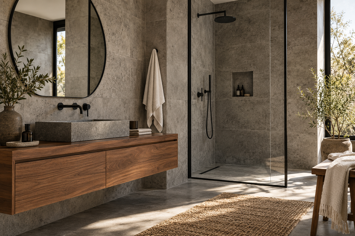 Salle de bains industrielle avec murs effet béton, robinetterie noire et meuble en bois