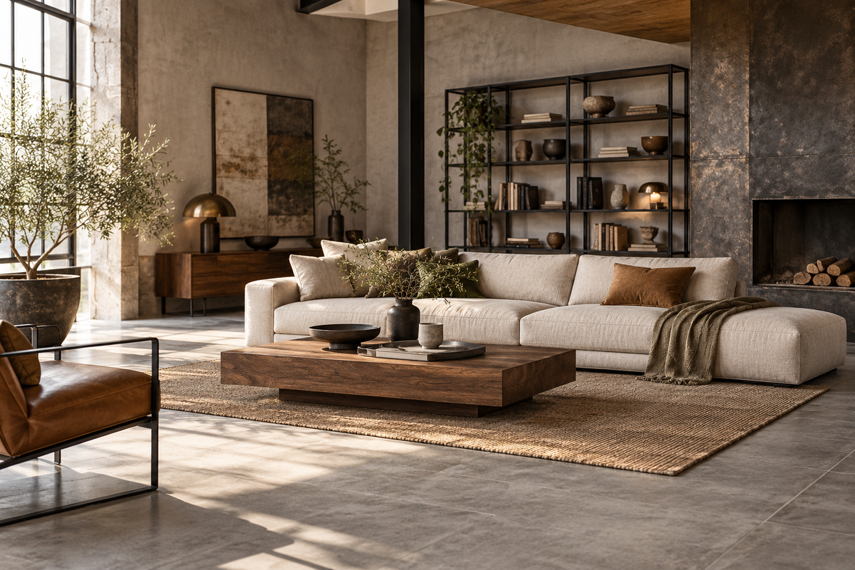 Salon industriel avec sol effet béton, étagères noires et table en bois
