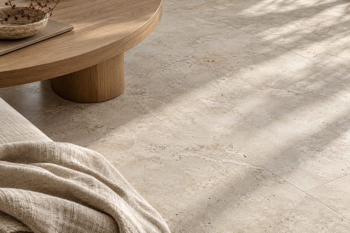 Salon Japandi lumineux avec carrelage effet pierre beige