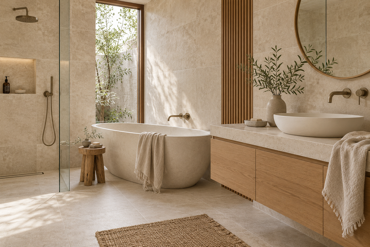 Salle de bains Japandi avec carrelage pierre clair et meuble en bois