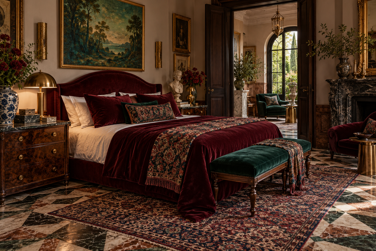 Chambre maximaliste avec textiles bordeaux et détails décoratifs