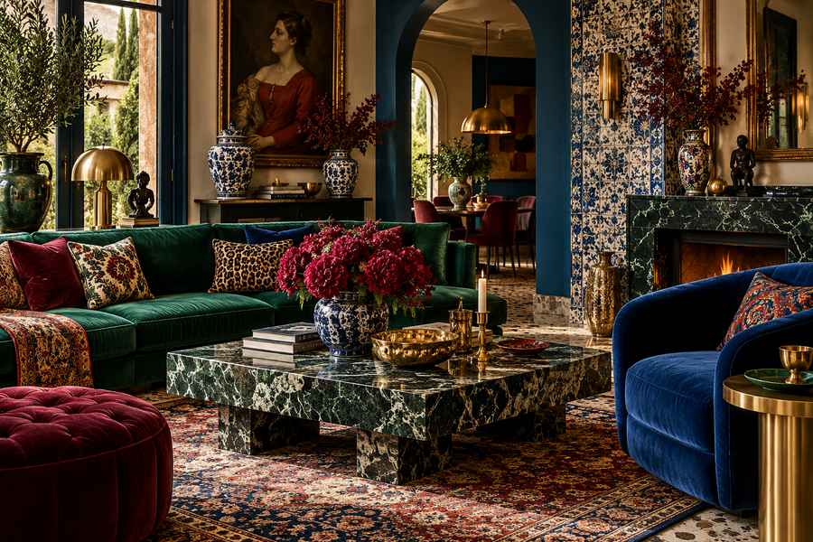 Palette émeraude, bleu et bordeaux dans un intérieur maximaliste