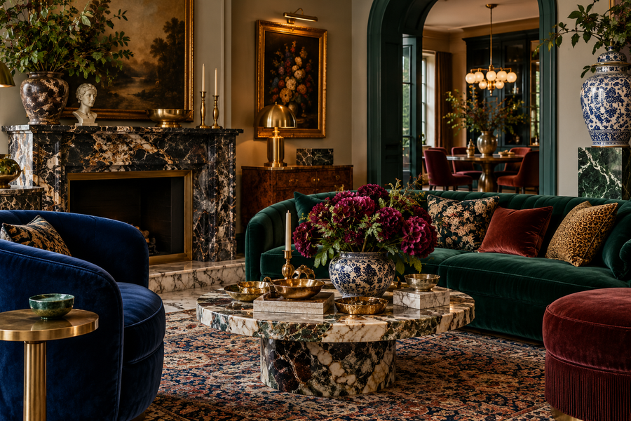Velours, marbre et céramique dans un intérieur maximaliste