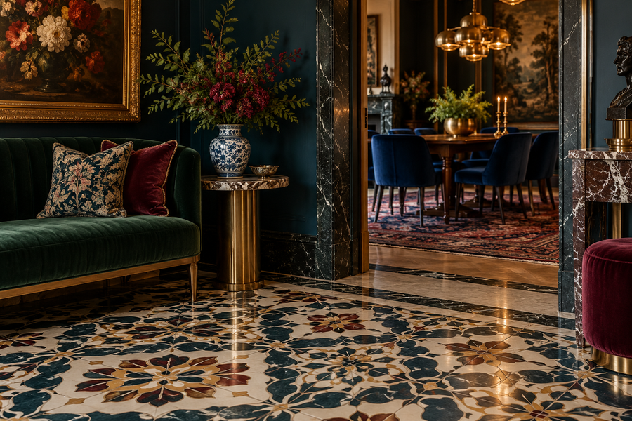 Motifs de carrelage associés dans un décor maximaliste