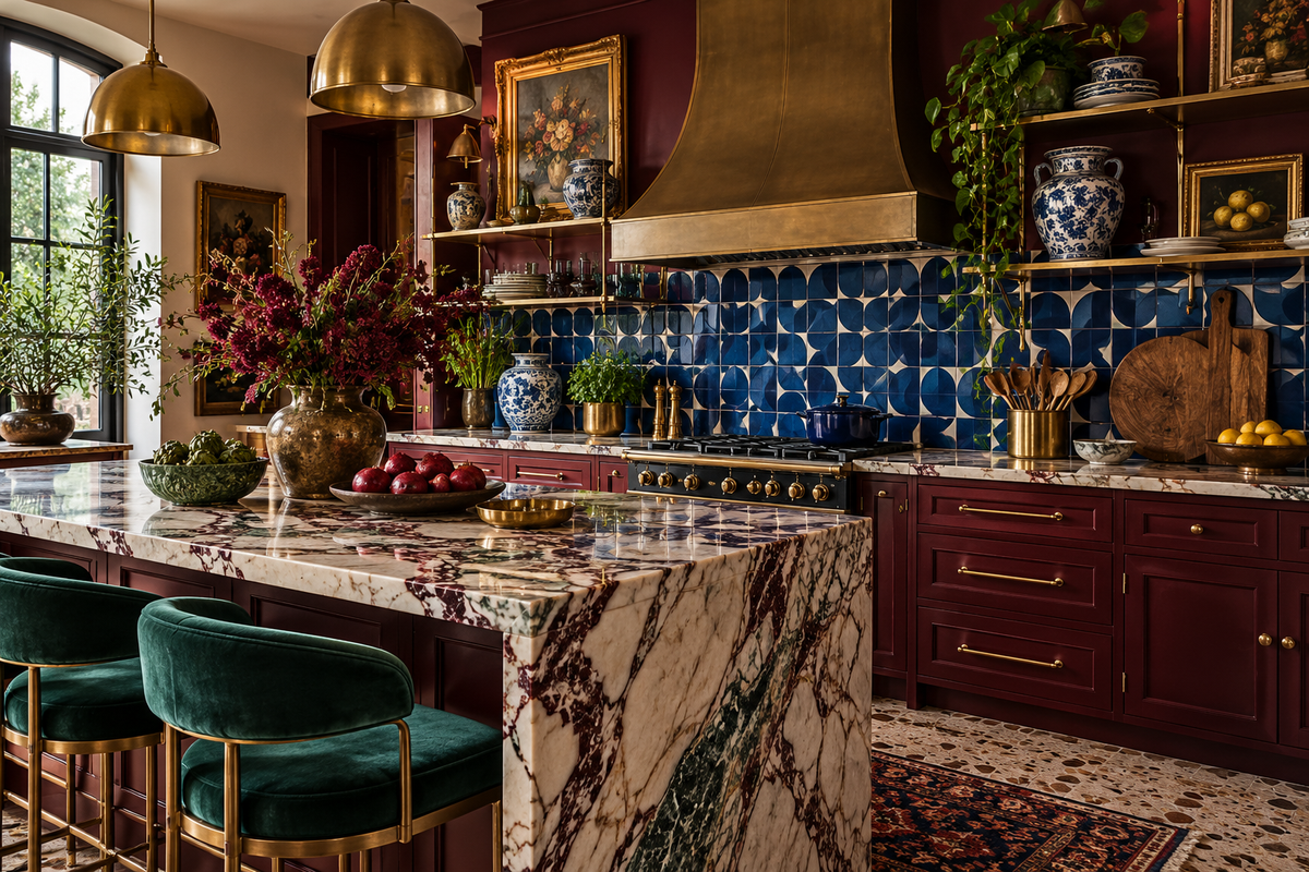 Cuisine maximaliste avec crédence bleue et couleurs riches