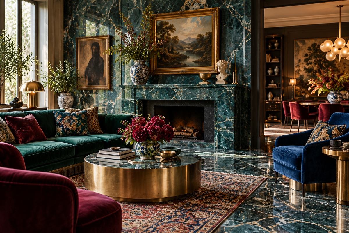 Grand carrelage effet marbre expressif dans un intérieur maximaliste