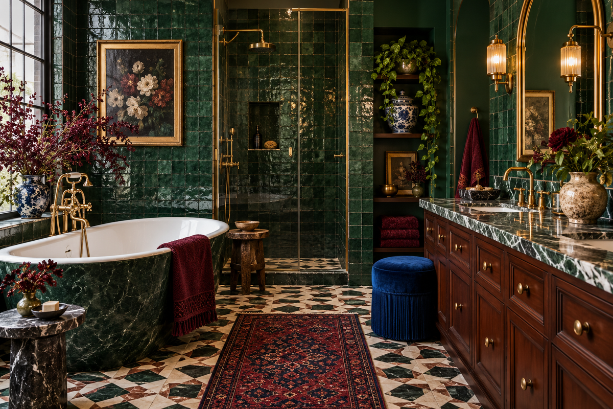Salle de bains maximaliste avec zellige vert et motif