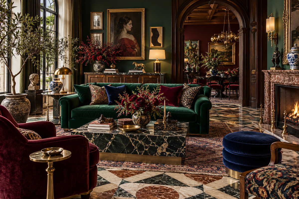 Salon maximaliste avec motifs et couleurs profondes